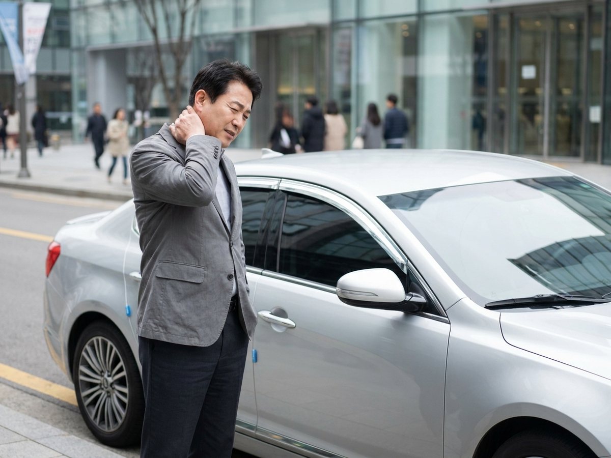 차 옆에서 뒷목을 짚고 있는 남성