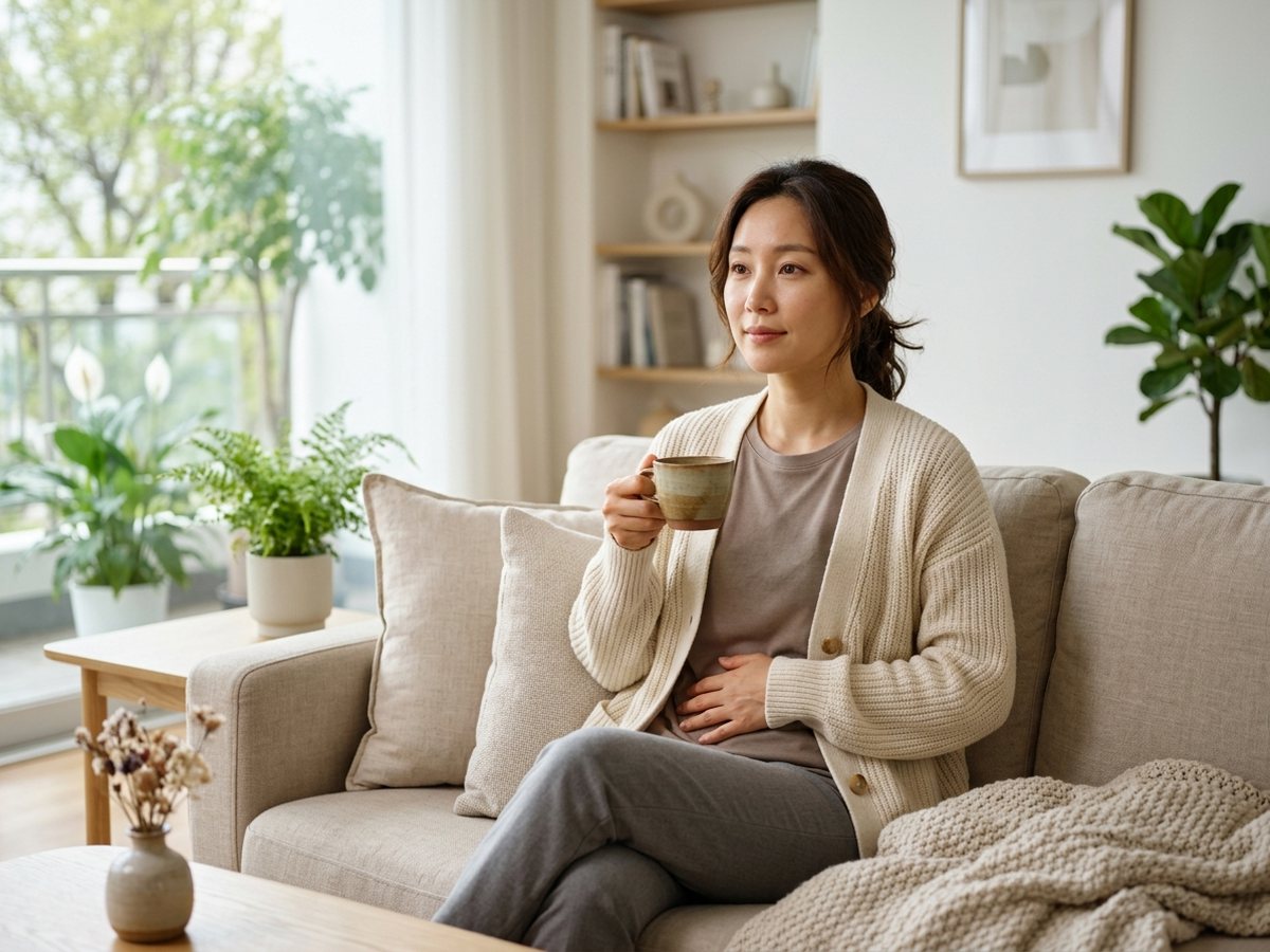 아랫배에 손을 얹고 차를 마시는 여성