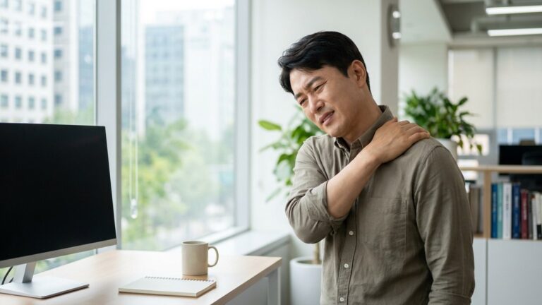 침 치료 원리 관련 사진. 오른손으로 왼쪽 어깨를 주무르며 뻐근해하는 40대 남성