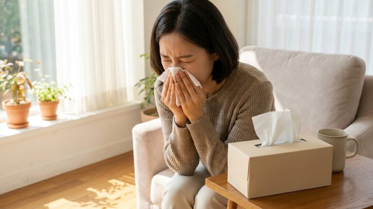 환절기 비염 관련 사진. 휴지로 코를 막고 재채기를 참는 30대 여성과 티슈 상자