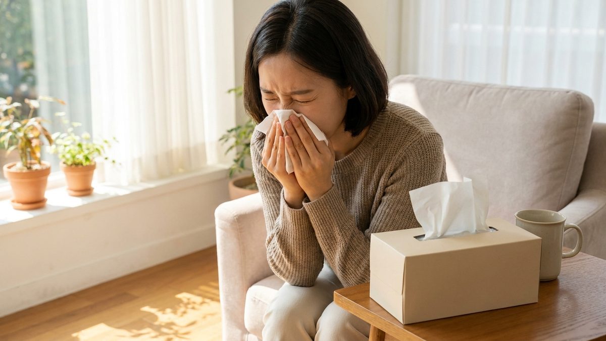환절기 비염 관련 사진. 휴지로 코를 막고 재채기를 참는 30대 여성과 티슈 상자