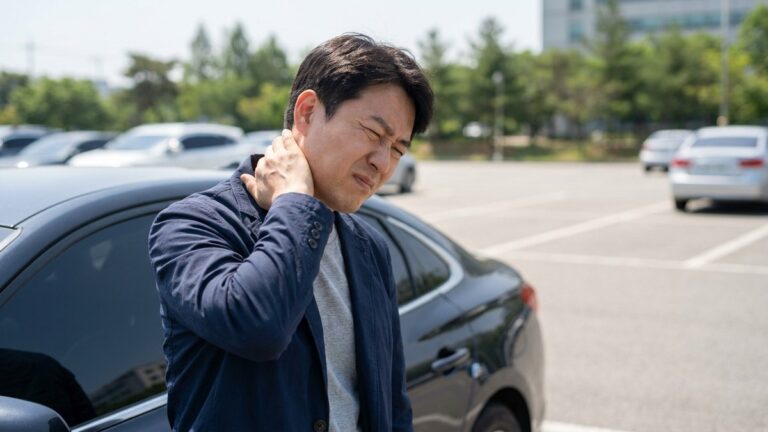 교통사고 후유증 관련 사진. 승용차 옆에서 한 손으로 목 뒤를 짚고 얼굴을 찡그리는 40대 남성
