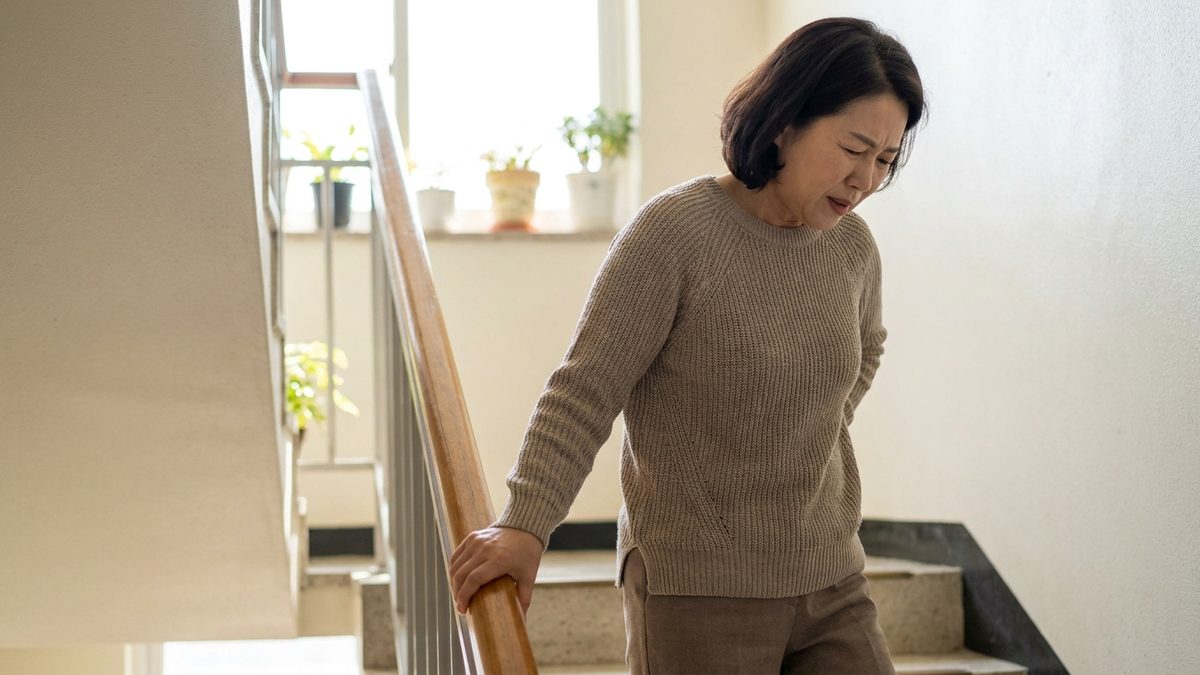 고관절 통증 관련 사진. 계단 앞에서 한 손으로 엉덩이 옆을 짚고 멈춰 선 50대 여성