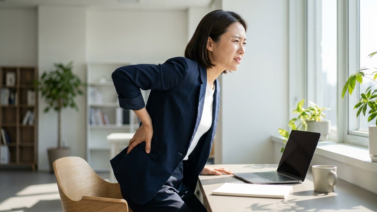 허리 목 통증 반복 관련 사진. 사무실 의자에서 일어나며 한 손으로 허리를 짚고 얼굴을 찡그리는 30대 여성