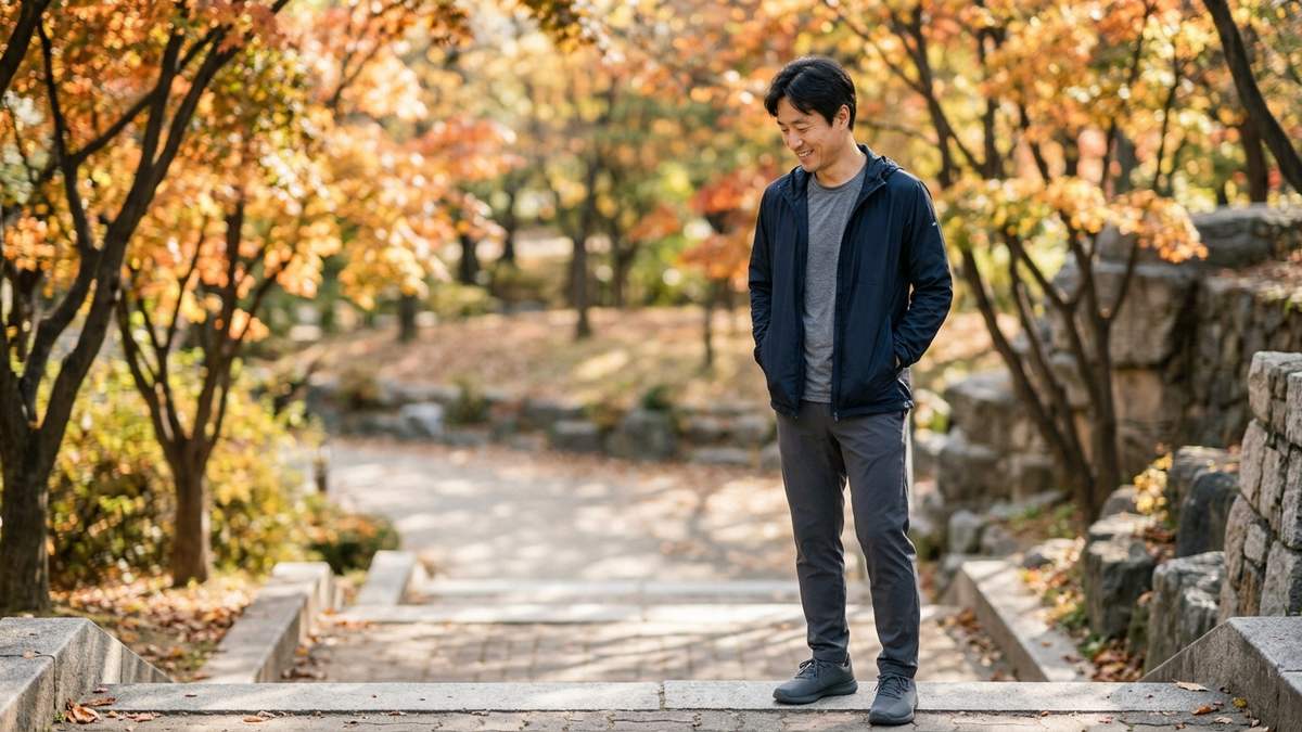 러닝 후 무릎 통증 관련 사진. 러닝화를 신은 40대 남성이 밝은 오후의 공원 계단 앞에 서서 두 손을 주머니에 넣고 계단을 내려다보고 있다.