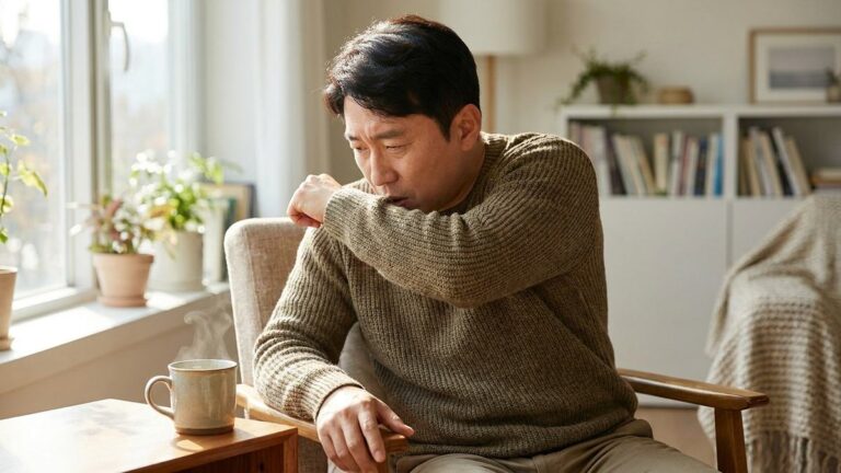 환절기 감기 관련 사진. 팔꿈치 안쪽으로 입을 가리고 기침하는 40대 남성과 따뜻한 차