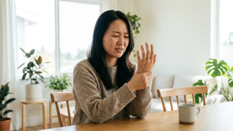 손목건초염 관련 사진. 손목이 시큰한 듯 왼쪽 손목 엄지 쪽을 감싸 쥐고 얼굴을 찡그리는 30대 여성